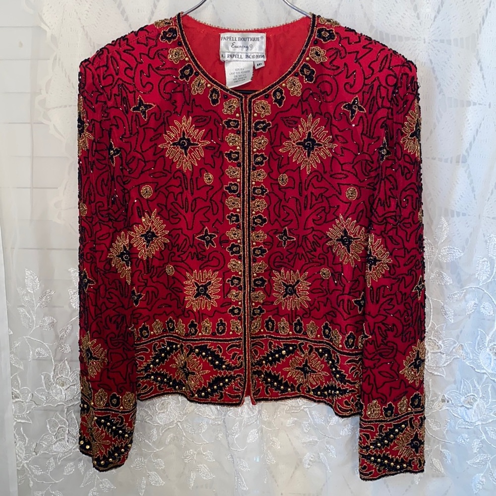 Vintage Papell Boutique Black Gold and Red Sequin Silk Jacket